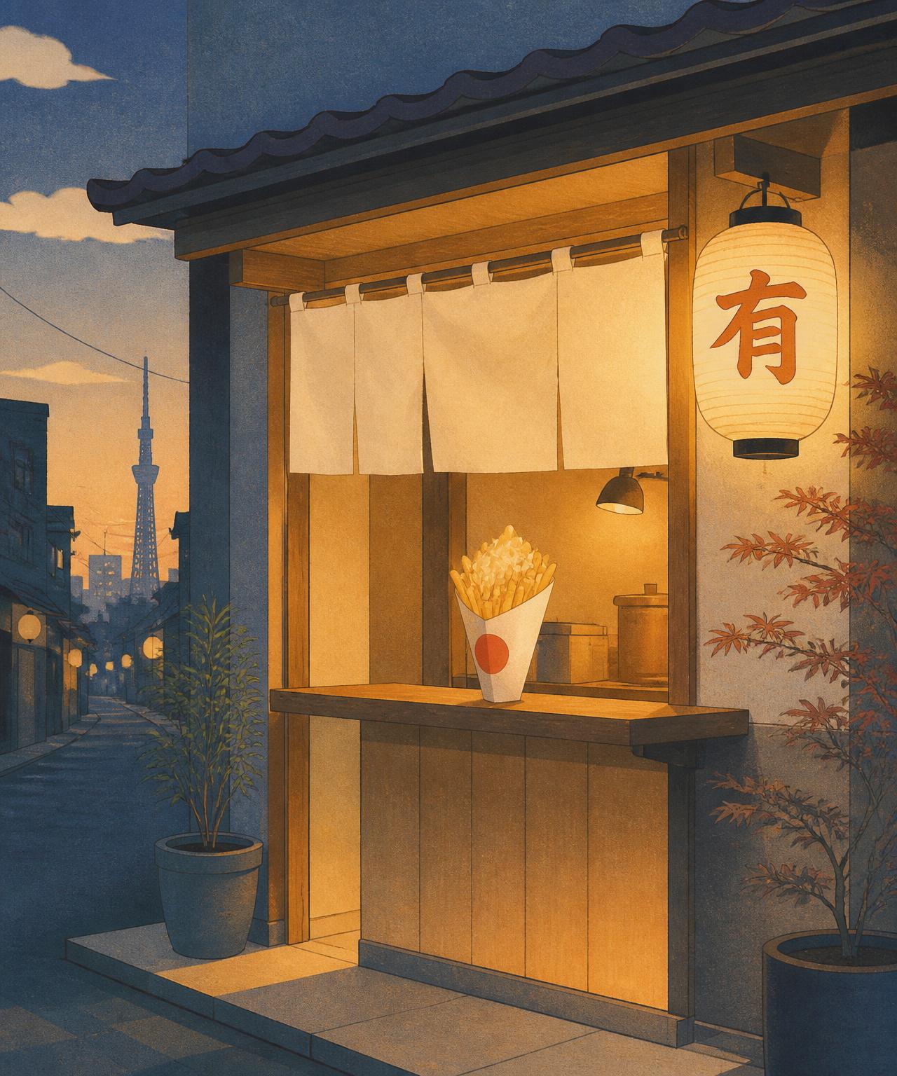 Modern Arigato Cheese Fries outlet at dusk in a Tokyo alley