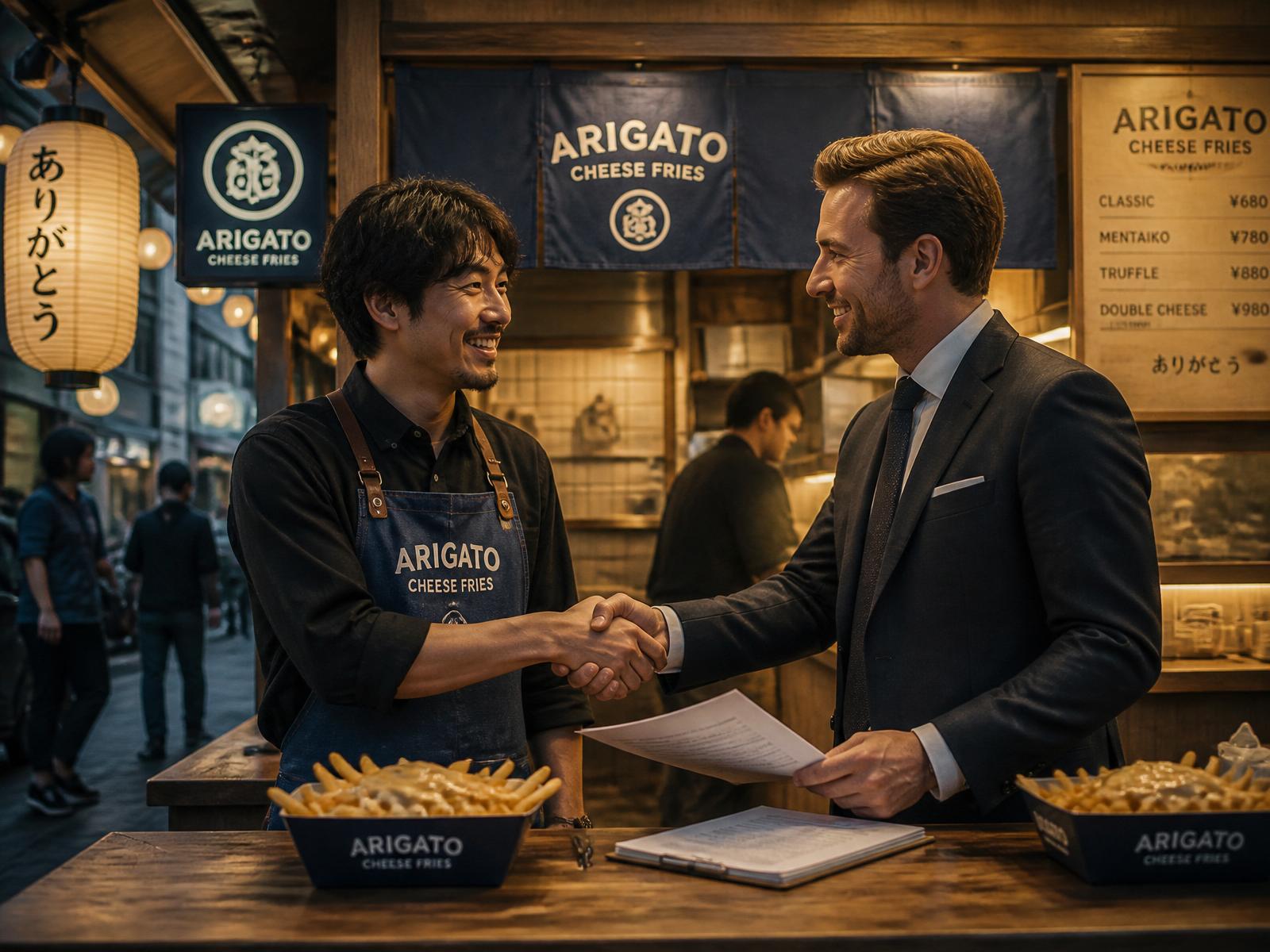 Arigato Cheese Fries founder shaking hands with an investor at a Tokyo outlet