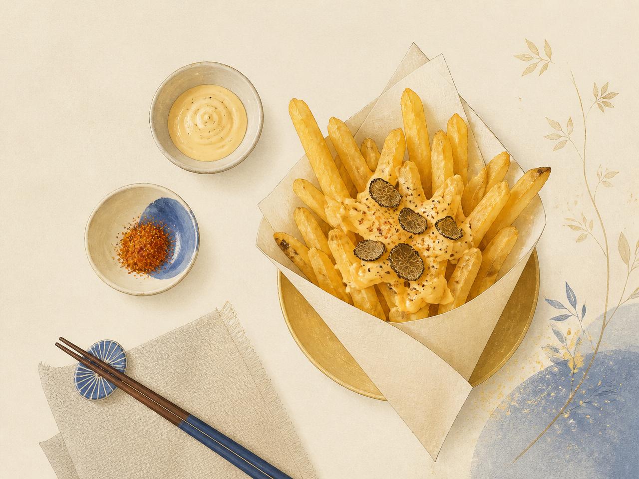 Umami truffle cheese fries in a paper cone with dipping sauces